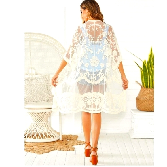 Long Sleeve Woven Woven Lace Chiffon Irregular Hem OpenFront Kimono Duster Ivory - Picture 3 of 7